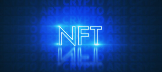Creative glowing NFT non fungible token concept on dark blue background. Blockchain and ethereum concept. 3D Rendering.