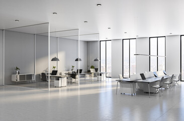 Morning spacious office with white plain interior design, work places divided by transparent partitions, glossy floor and city view from big windows in black frame. 3D rendering.