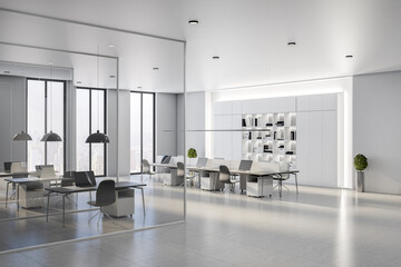 Sunny spacious coworking office with white interior design, stylish minimalistic furniture, glass partitions between workspaces and city view from big windows. 3D rendering.