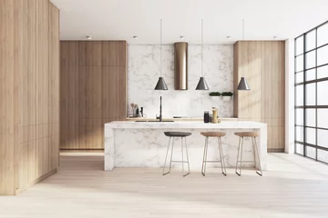 Fotobehang Sunny light shades and eco style kitchen room with wooden walls, marble tabletop, modern bar stools and squared glass wall instead of window. 3D rendering. © Who is Danny