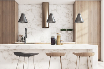 Modern kitchen interior with island and marble. 3D Rendering. - obrazy, fototapety, plakaty