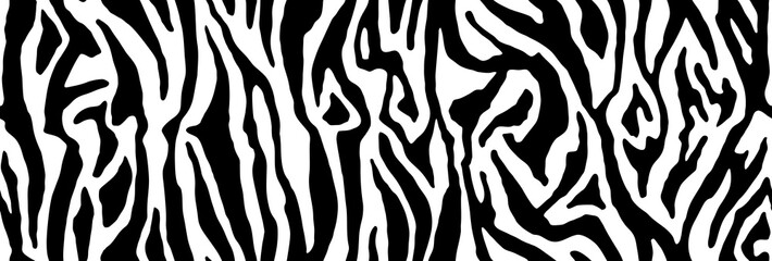 Zebra print. Stripes, animal skin, tiger stripes, abstract pattern, line background. Black and white vector monochrome seamless texture.