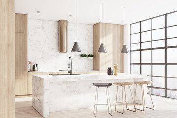 Sunny stylish kitchen with marble tabletop, city view from squared transparent wall and wooden...