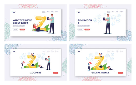 Generation Z Landing Page Template Set. Zoomers Characters Virtual Messaging. New Modern Demography Trend