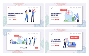 Fototapeta na wymiar Headache, Migraine Landing Page Template Set. Stressed Characters Suffering of Headache Holding Hands on Head Have Pain