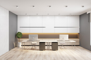 Bright concrete and wooden office interior with daylight and furniture. 3D Rendering.