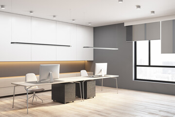 Modern concrete and wooden office interior with window city view, daylight and furniture. 3D Rendering.
