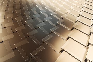 Shiny gold metal tile background. Texture and design. 3D Rendering.