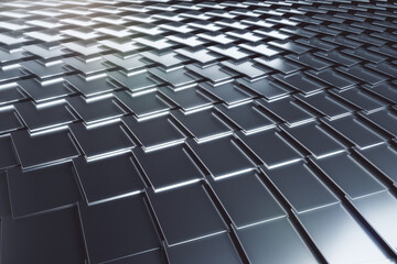 Shiny silver metal tile backdrop. Texture and design. 3D Rendering.