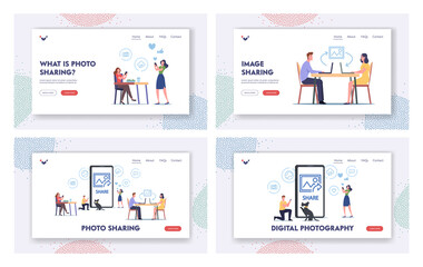 Photo Sharing Landing Page Template Set. Characters Browse Social Networks. People Making Post and Sharing Happy Moments