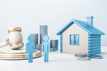 Blue house with golden coin stacks, male, female and gavel on concrete background. Divorce and property division concept. 3D Rendering. - obrazy, fototapety, plakaty