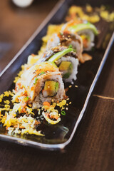 Sushi maki rolls on a tray. Japanese food