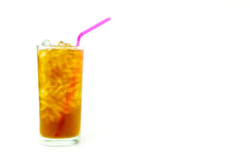 Glass of lemon iced tea with pink straw