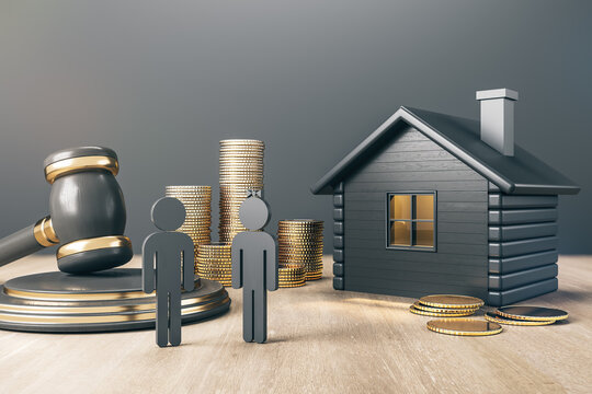 Black house with golden coin stacks, male, female and gavel on concrete and wooden background. Divorce and property division concept. 3D Rendering.