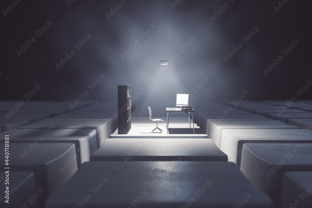 Aufkleber Dark desktop with computer workplace on keyboard keys. Digital transformation and remote work concept. 3D Rendering.