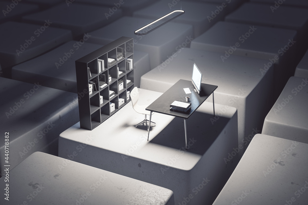 Fototapete Creative desktop with computer workplace on keyboard keys. Digital transformation and remote work concept. 3D Rendering.