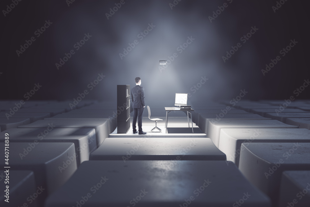 Aufkleber Businessman with abstract desktop with computer workplace standing on keyboard keys. Digital transformation and remote work concept.