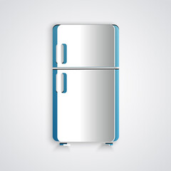 Paper cut Refrigerator icon isolated on grey background. Fridge freezer refrigerator. Household tech and appliances. Paper art style. Vector