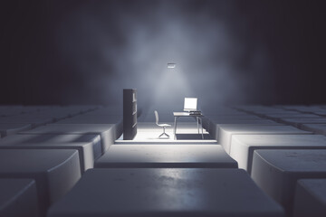 Dark desktop with computer workplace on keyboard keys. Digital transformation and remote work concept. 3D Rendering.