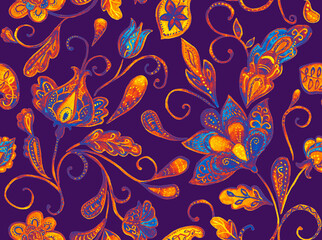 Paisley watercolor floral pattern tile with flowers, flores, tulips, leaves. Oriental traditional hand painted water color whimsical seamless print for ceramic design. Abstract indian batik background