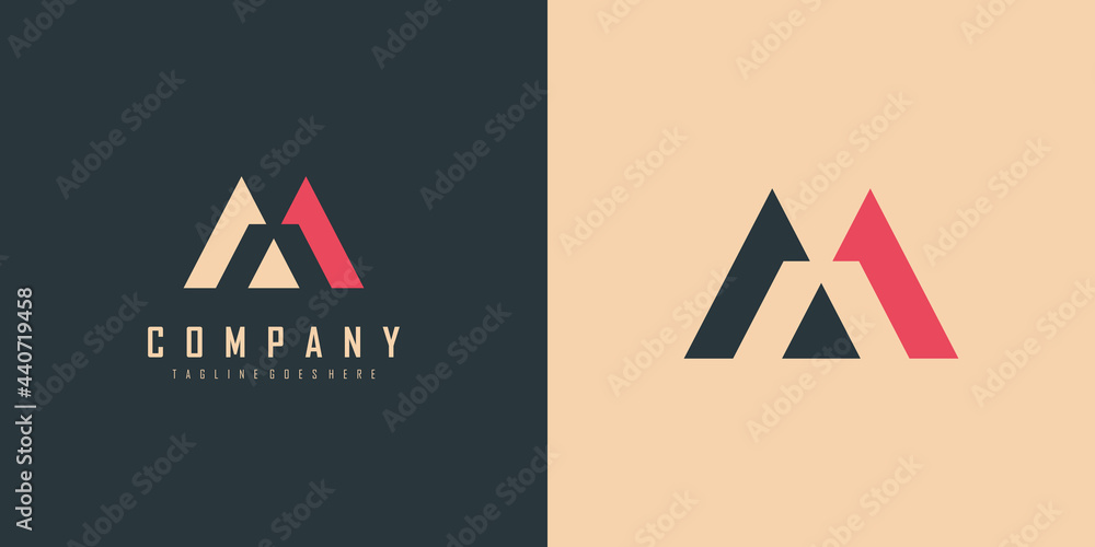 Poster abstract mountain logo. blue and red geometric shape initial letter m isolated on double background.
