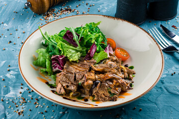 Grilled meat steak and fresh vegetables salad