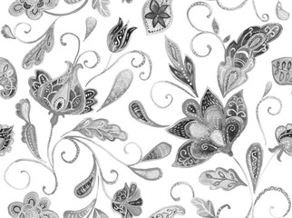 Fototapeta premium Paisley watercolor floral pattern tile with flowers, flores, tulips, leaves. Oriental traditional hand painted water color whimsical seamless print for ceramic design. Abstract indian batik background