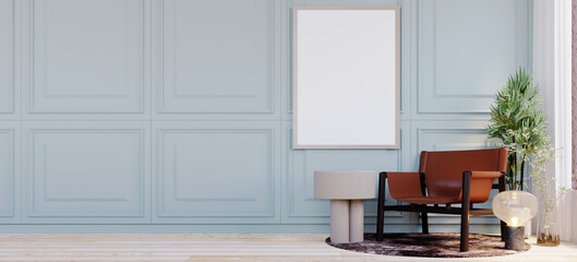 d rendering,3d illustration, Interior Scene and Frame mockup,Gray frosted wall, red-brown leather armchair, floor lamp.