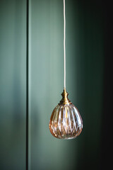 Elegant retro lamp hanging against dark green wall