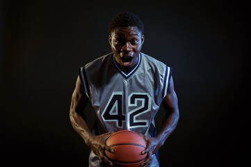 Aggressive basketball player poses with ball