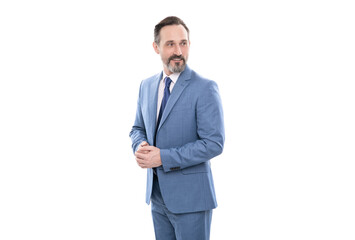 smiling mature entrepreneur with grizzled hair in suit isolated on white, success
