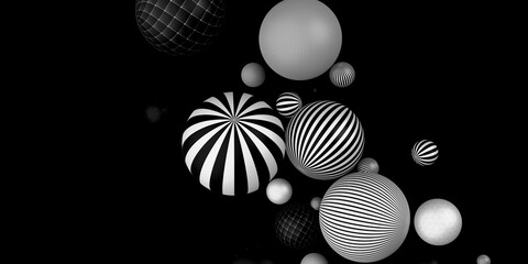 many decorative balls Horizontal stripes black and white 3D illustration