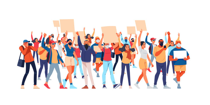 Crowds of people at a demonstration for human rights. Angry men and women protest, holding placards. Protesters at a political rally, parade, or rally. Vector flat illustration