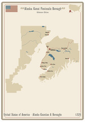 Map on an old playing card of Kenai Peninsula borough in Alaska, USA.
