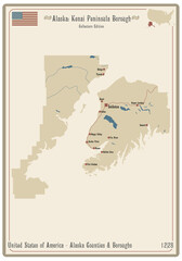Naklejka premium Map on an old playing card of Kenai Peninsula borough in Alaska, USA.