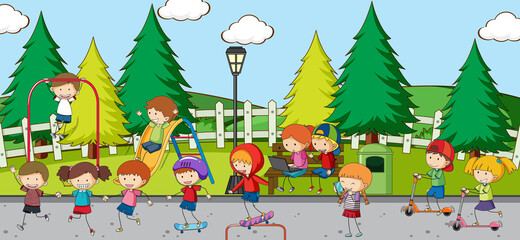 Playground scene with many kids doodle cartoon character