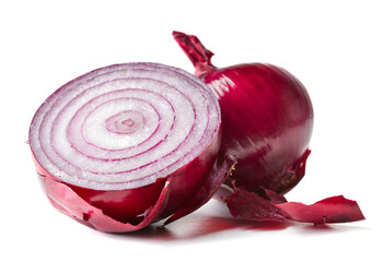 cut purple onion isolated on white background