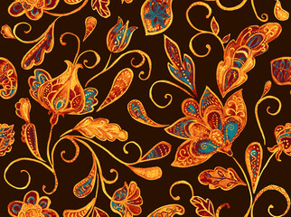 Paisley watercolor floral pattern tile with flowers, flores, tulips, leaves. Oriental traditional hand painted water color whimsical seamless print for ceramic design. Abstract indian batik background