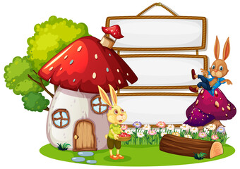 Blank banner in the garden with two rabbits isolated
