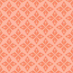 Seamless pattern with a pattern of the silhouette of tulips and leaves. Design in coral, orange for printing, packaging, fabric. Electric Tangerine. Damascus styling. Vector illustration