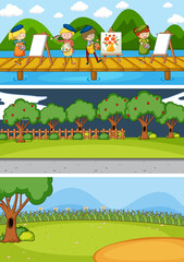 Set of different horizontal scenes background with doodle kids cartoon character