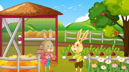 Farm at daytime scene with cute rabbit cartoon character