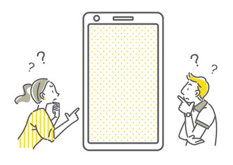 女性と男性と空白のスマホ画面のシンプルでお洒落な線画イラスト
