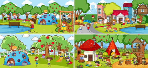 Outdoor scene set with many kids doodle cartoon character