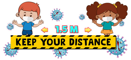 Keep your distance font design with two kids keeping social distance isolated on white background