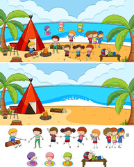 Obraz premium Beach scene set with many kids cartoon character isolated