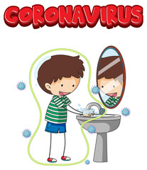 Coronavirus font design with a boy washing his hands on white background