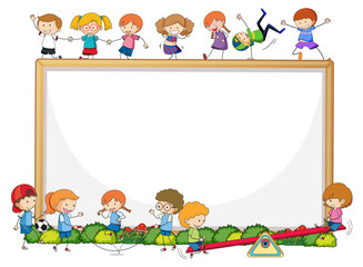 Obraz premium Empty banner with many kids doodle cartoon character on white background