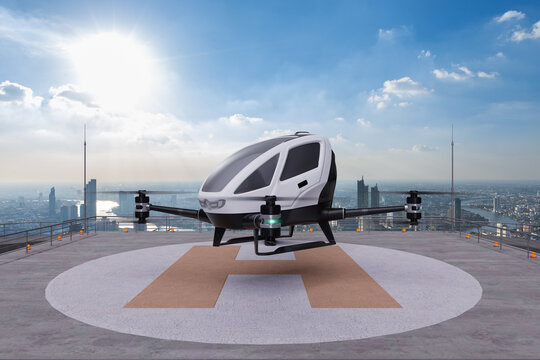 Autonomous driverless aerial vehicle takeoff on building rooftop, 3d render