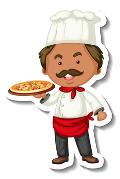 Sticker template with a chef man holds pizza tray isolated